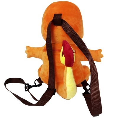 Mochila de peluche de dinossauro laranja com alças castanhas vista de trás