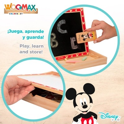 Tabuleiro educativo de madeira com quadro negro e branco, letras magnéticas, giz colorido e personagem Mickey