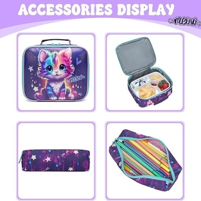 Conjunto escolar com lancheira, estojo e bolsa para lápis roxos com gato e estrelas