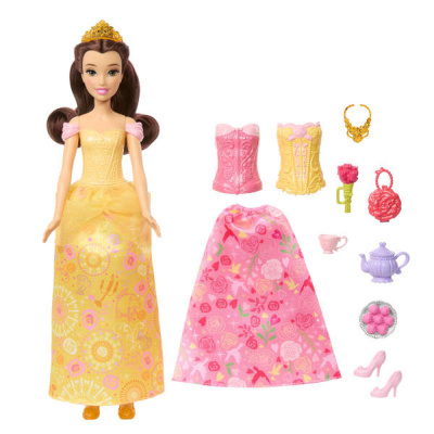 Boneca princesa com vestido amarelo e acessórios variados ao lado