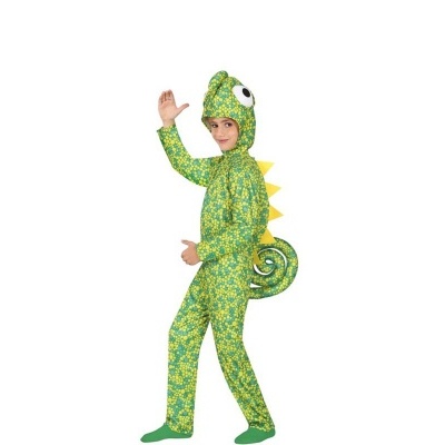 Fato de disfarce infantil de reptil verde com cauda enrolada e capuz com olhos grandes