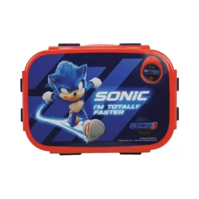Mala vermelha com tampa azul decorada com Sonic e texto em branco