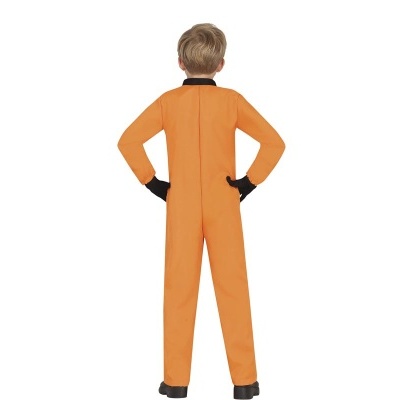 Macacão laranja para criança com gola e punhos pretos visto de costas