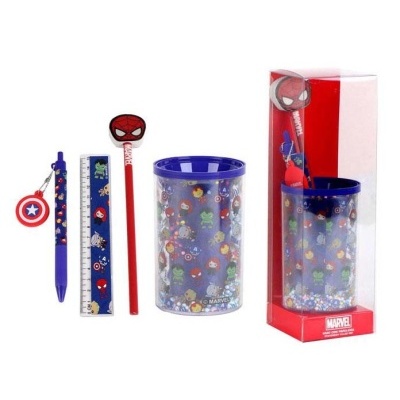 Conjunto de artigos escolares Marvel com caneta, régua, lápis e copo em caixa