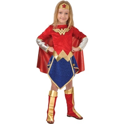 Fato infantil Wonder Woman vermelho, azul e dourado com capa e faixa na cabeça