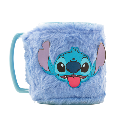 Caneca azul peluda com rosto do Stitch e língua de fora