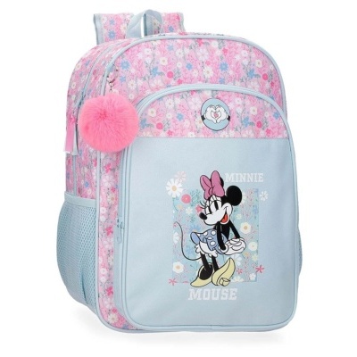 Mochila escolar Minnie Mouse azul claro com padrão floral e pompom rosa