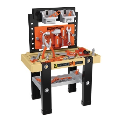 Banca de ferramentas de brinquedo preta, laranja e bege com ferramentas de plástico