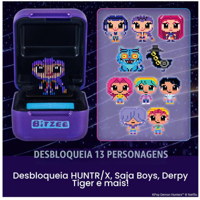 Caixa roxa com personagem pixelada e 13 personagens pixeladas adicionais