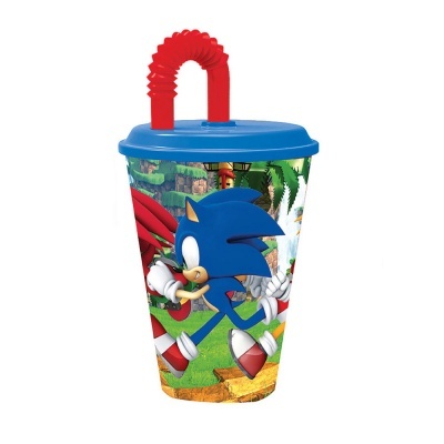 Copo plástico com tampa azul e canudo vermelho, decorado com personagem Sonic
