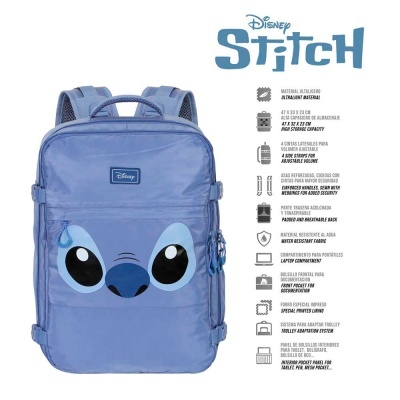 Mochila azul Disney Stitch com olhos grandes e texto informativo ao lado