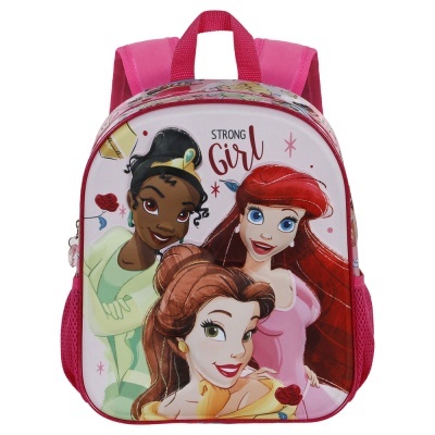 Mochila infantil rosa com princesas Disney e texto Strong Girl