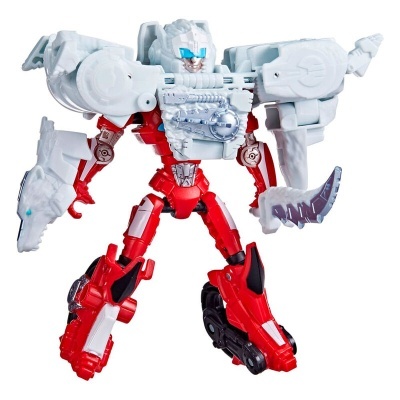 Brinquedo robô transformável branco e vermelho em pose de combate