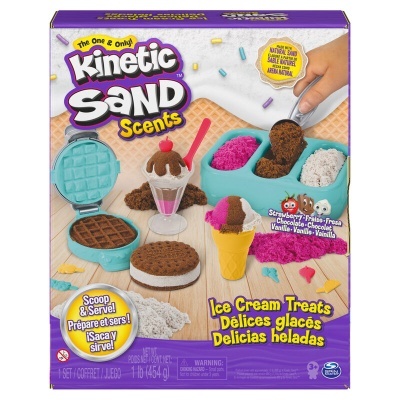 Embalagem do brinquedo Kinetic Sand Scents com areia colorida e moldes de gelados e bolachas.