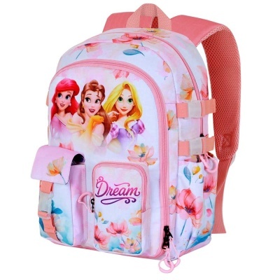 Mochila rosa com estampa floral e princesas animadas, texto Dream no bolso frontal.