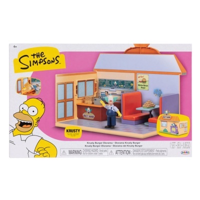 Diorama de brinquedo da Krusty Burger com figura do Krusty dos Simpsons.