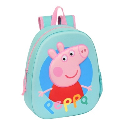Mochila infantil azul claro com personagem Peppa Pig e texto colorido Peppa