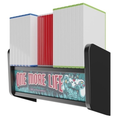 Suporte para jogos com jogos organizados e design colorido na base