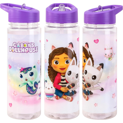 Garrafa de plástico transparente com tampa roxa e personagens do desenho Gabby's Dollhouse
