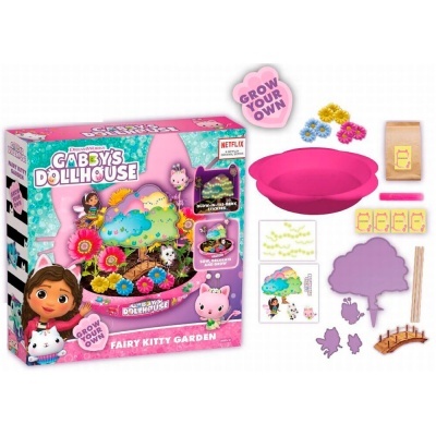 Conjunto Gabby's Dollhouse Fairy Kitty Garden com base rosa e acessórios para jardim em embalagem colorida