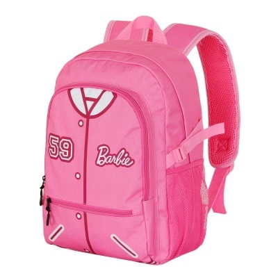 Mochila rosa com padrão de casaco e texto Barbie