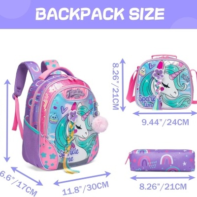 Conjunto mochila, mochila pequena e estojo com padrão de unicórnio e cores rosa, roxo e azul