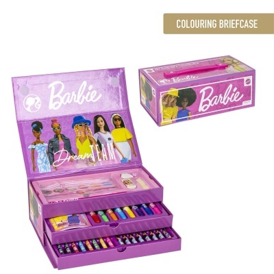 Estojo Barbie cor-de-rosa aberto com canetas coloridas e imagens de bonecas Barbie