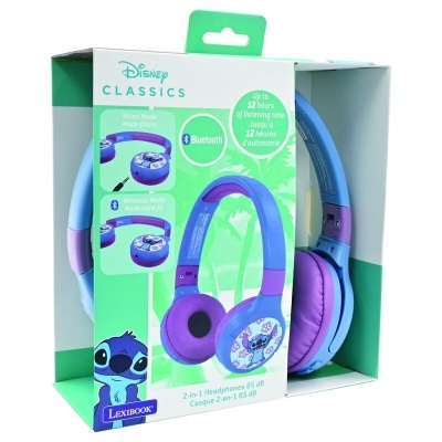 Auriculares Disney Stitch azul e lilás na embalagem