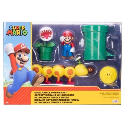Conjunto de figuras Super Mario com Mario, planta piranha, tubo verde, lagarta amarela e moeda amarela em embalagem