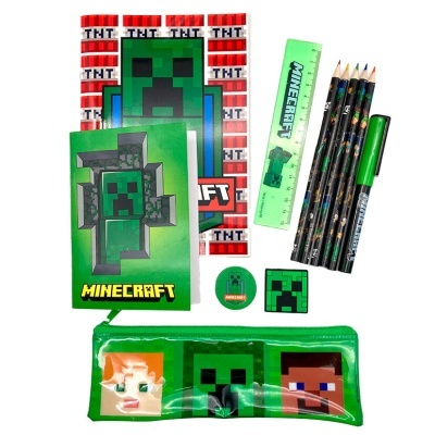 Conjunto escolar Minecraft com caderno, régua, lápis, caneta, borrachas e estojo