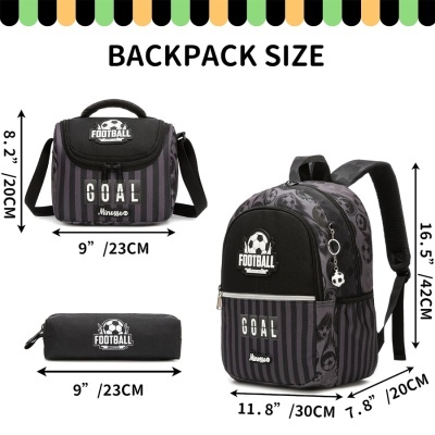 Conjunto de mochila, bolsa térmica e estojo de futebol com logotipos e medidas