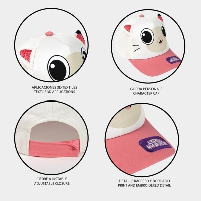 Boné infantil branco com figura de gato e pala cor de rosa com texto bordado