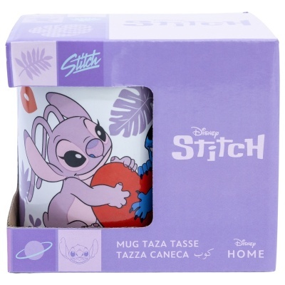 Caneca Disney Stitch em cerâmica com desenho do personagem e embalagem roxa