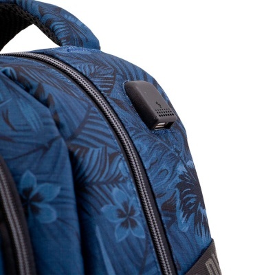 Mochila azul com padrão floral e porta USB preto