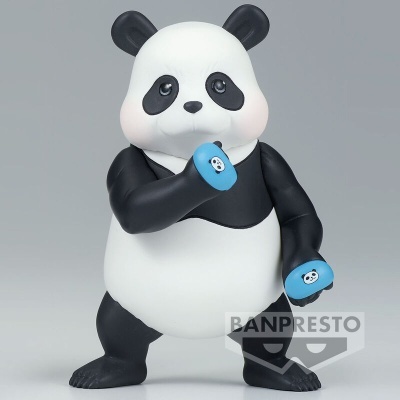 Figura de action panda preto, branco e azul segurando pesos azuis em superfície cinzenta