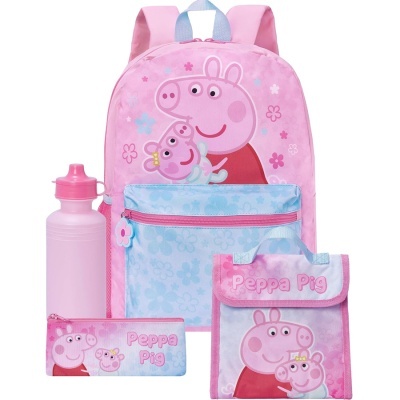 Conjunto infantil rosa e azul da Peppa Pig com mochila, garrafa, estojo e lancheira