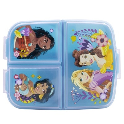 Caixa de plástico azul com personagens Disney e flores coloridas