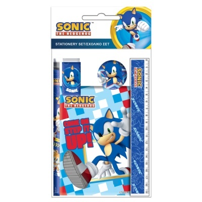 Conjunto de material escolar azul Sonic the Hedgehog com ilustrações do personagem e texto