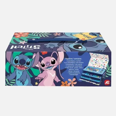 Estojo de desenho Disney Stitch azul com personagens e materiais artísticos dentro