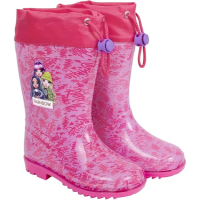 Botas de chuva rosa com padrão e cordão ajustável, etiqueta com personagens e texto 'RAINBOW'