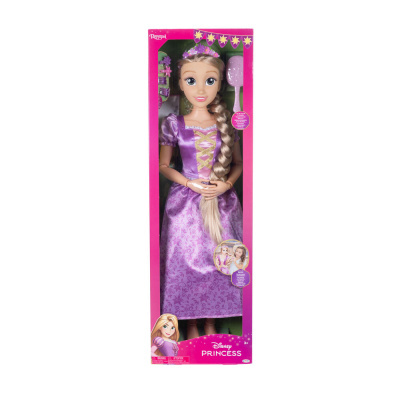 Boneca Disney Princess Rapunzel em caixa rosa com vestido roxo e cabelo loiro comprido