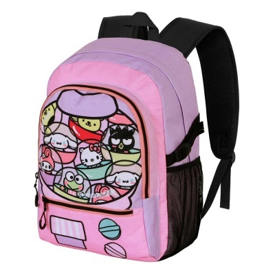 Mochila rosa e lilás com bolso frontal transparente decorado com personagens animados