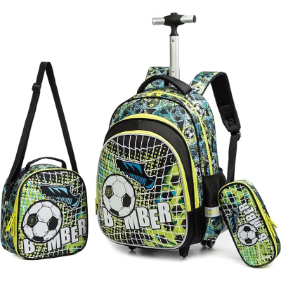 Conjunto escolar mochila com rodízios, bolsa pequena e estojo com padrão futebol e chuteira