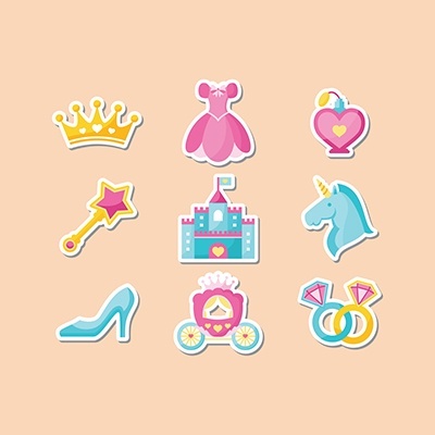 Autocolantes de fantasia com coroa, vestido, perfume, varinha, castelo, unicórnio, sapato, carruagem e anéis