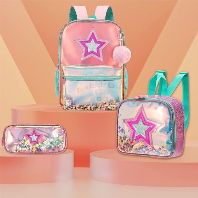Conjunto rosa e lilás de mochila, mala e estojo com estrelas e purpurina