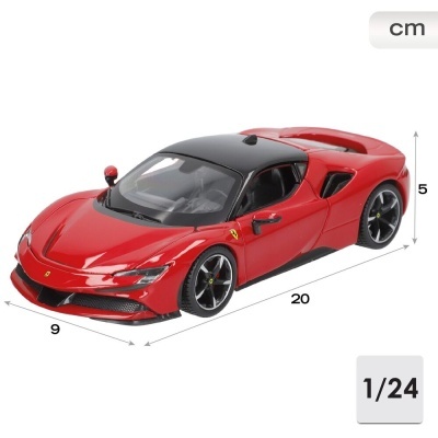 Modelo Ferrari em miniatura vermelho e preto, escala 1/24