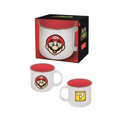 Caneca branca com imagens de Mario e bloco amarelo, interior vermelho, e embalagem preta 'SUPER MARIO'