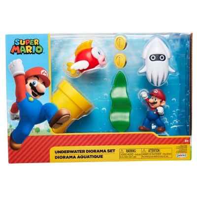 Conjunto Diorama Subaquático Super Mario com figuras coloridas e embalagem azul