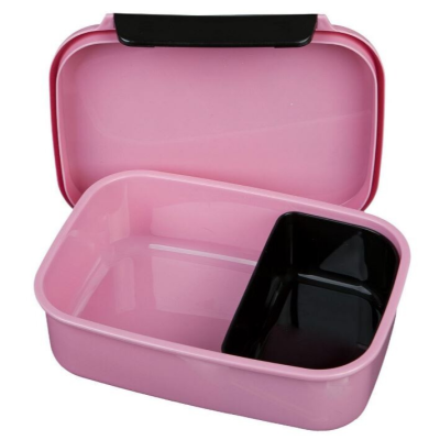 Marmita rosa com divisória preta e tampa aberta