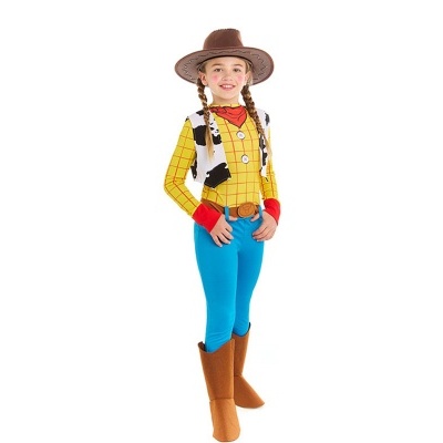 Fato de cowboy infantil com chapéu castanho, camisa amarela quadrada, colete manchado, calças azuis e botas castanhas